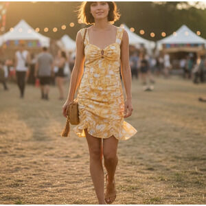 Louna Yellow Floral Ruched Mini Slip Dress MEDIUM Cotton Vacation Designer $200